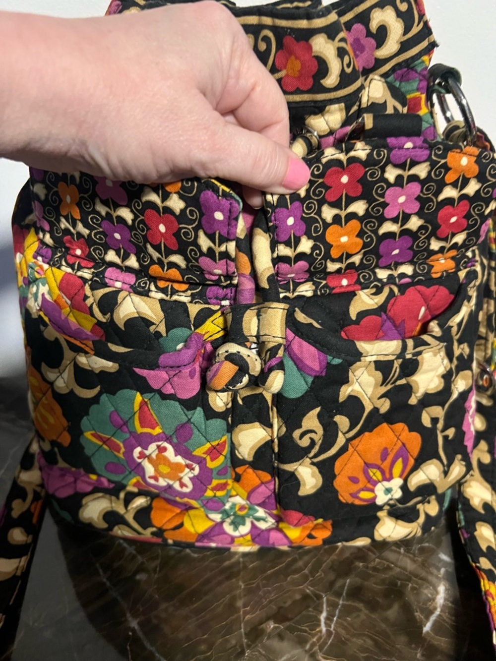 Vera Bradley Quilted Floral Drawstring Crossbody Bag Black and multicolor bucket - Picture 14 of 14